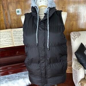 Black Puffer Vest with Gray Hood